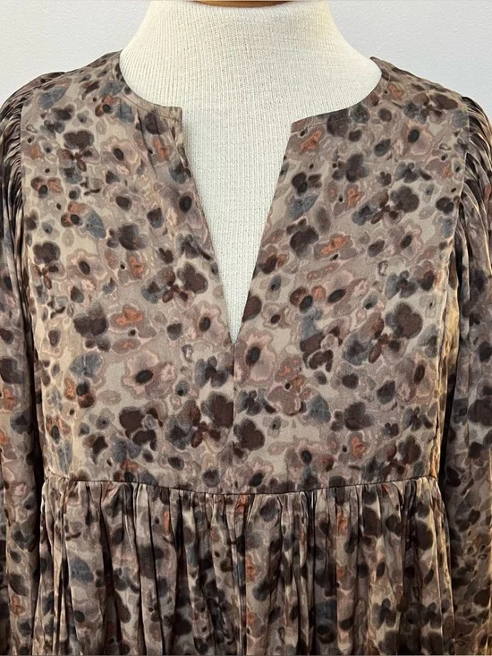 Boho Flowy Babydoll Dress Brown Floral Long Sleeve Mini Peasant Cottagecore - Picture 2 of 6